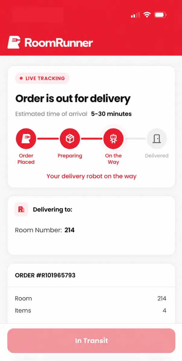 RoomRunner live tracking screen