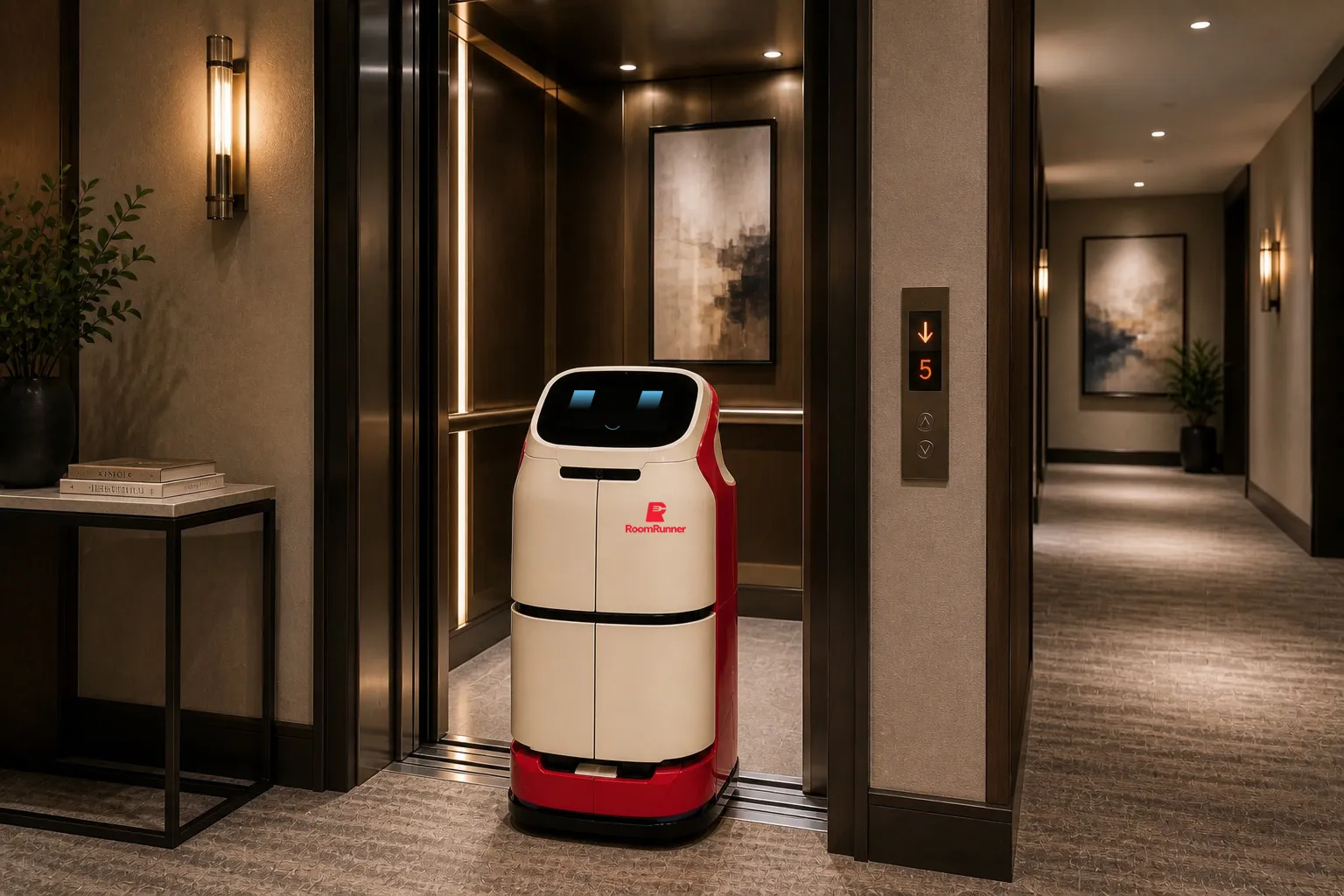 RoomRunner robot entering elevator in hotel hallway