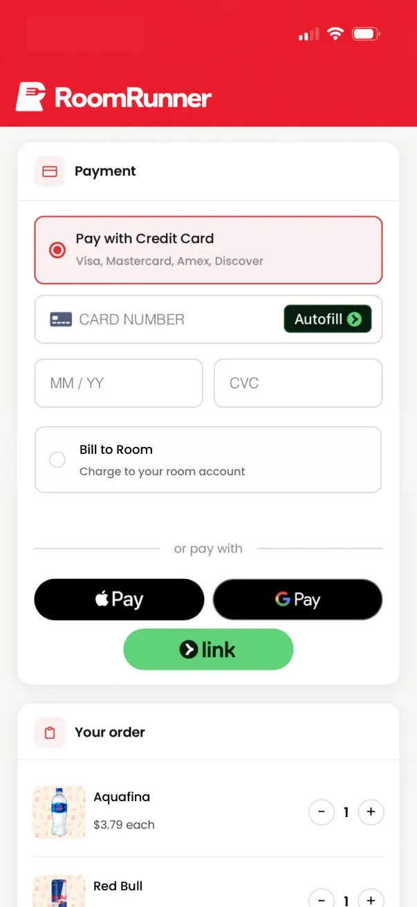 RoomRunner guest app payment screen